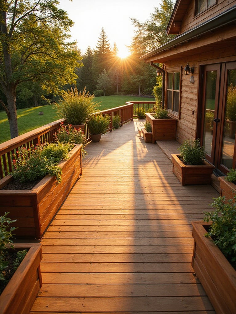 Natural wood deck with built-in seating and planters at sunset