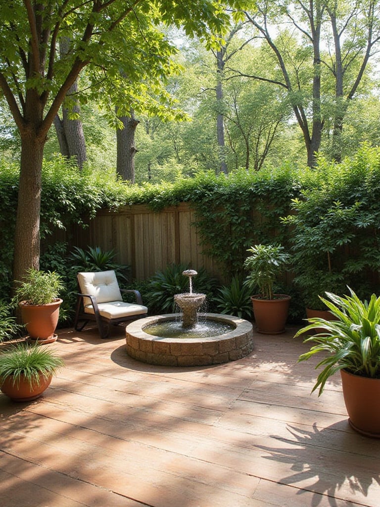 Deck with a tranquil water feature surrounded by plants.