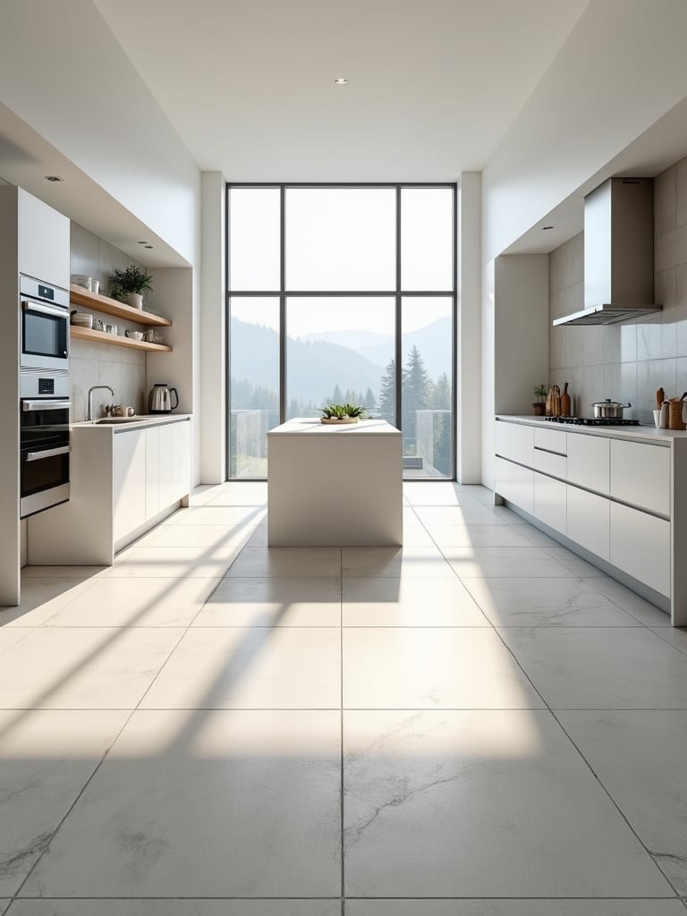 Contemporary kitchen with large format light gray tile flooring, creating a spacious and modern look.