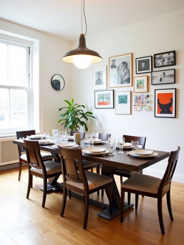 Dining room with a gallery wall featuring a mix of art and photographs.