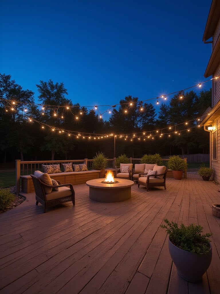 Cozy deck fire pit area with comfortable seating and string lights for outdoor gatherings.