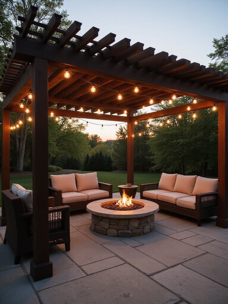 Cozy patio pergola with fire pit focal point and comfortable seating.