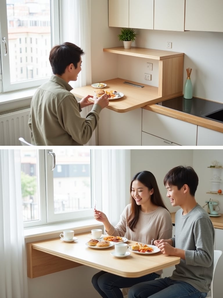 Fold-down table in small kitchen providing flexible dining space