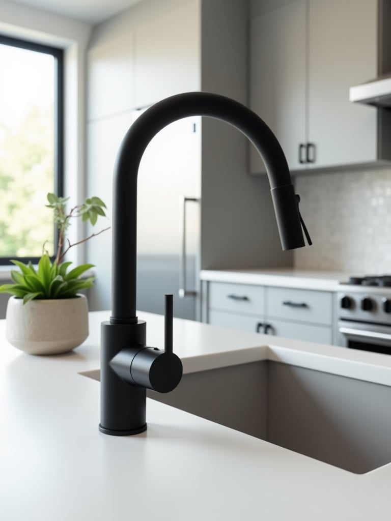 Matte black kitchen faucet in a contemporary kitchen setting