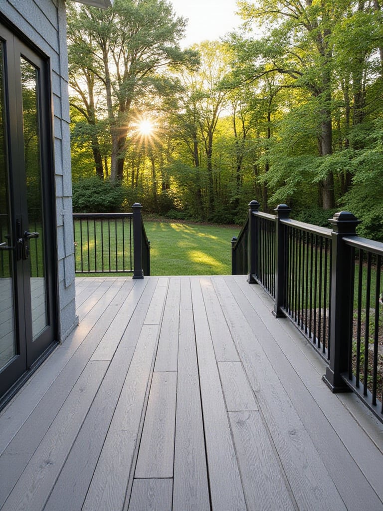 Low-maintenance composite deck extending into a lush backyard.