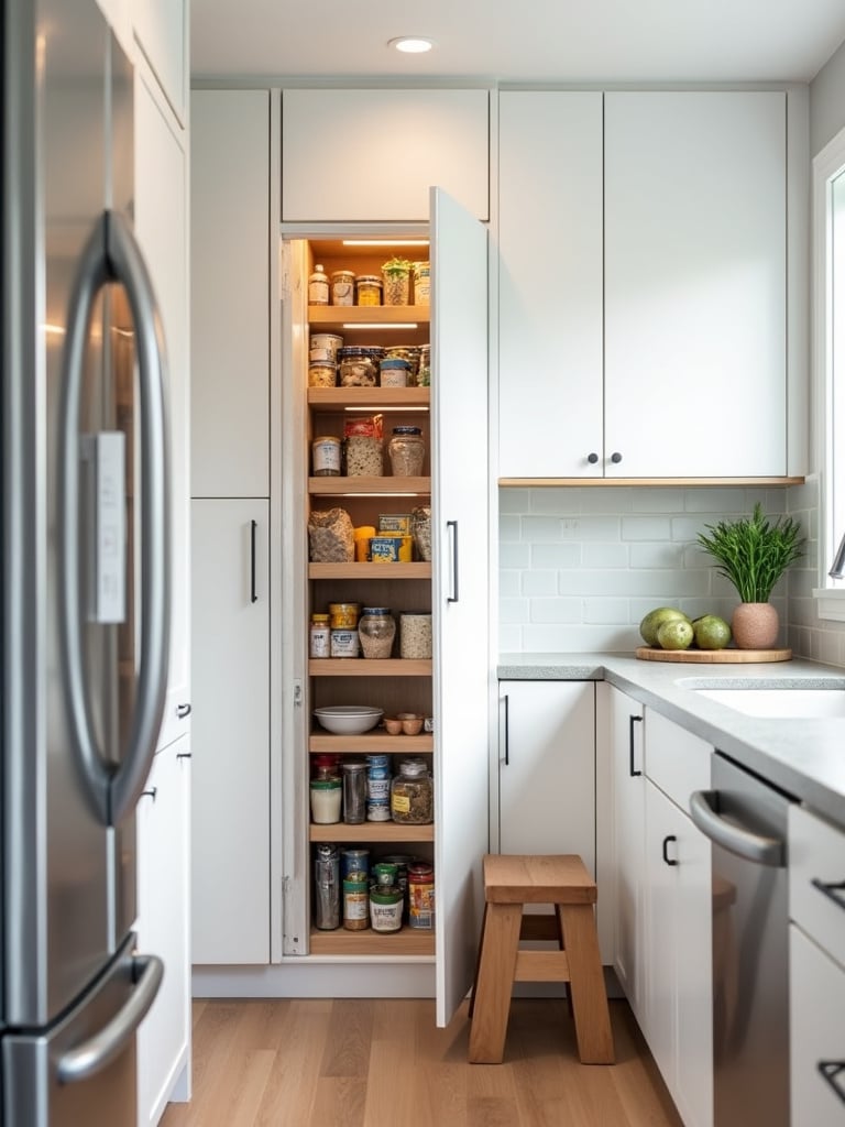 Tall, narrow pantry cabinet maximizing storage in a small kitchen.