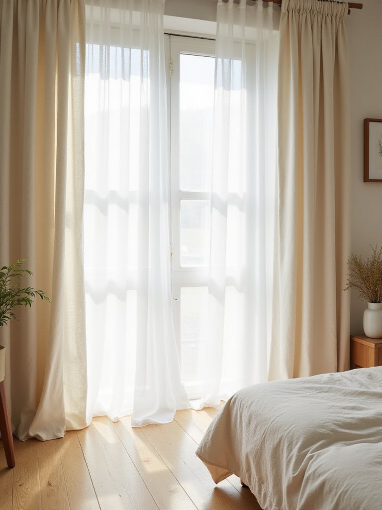 Cozy bedroom with soft linen curtains filtering gentle light.