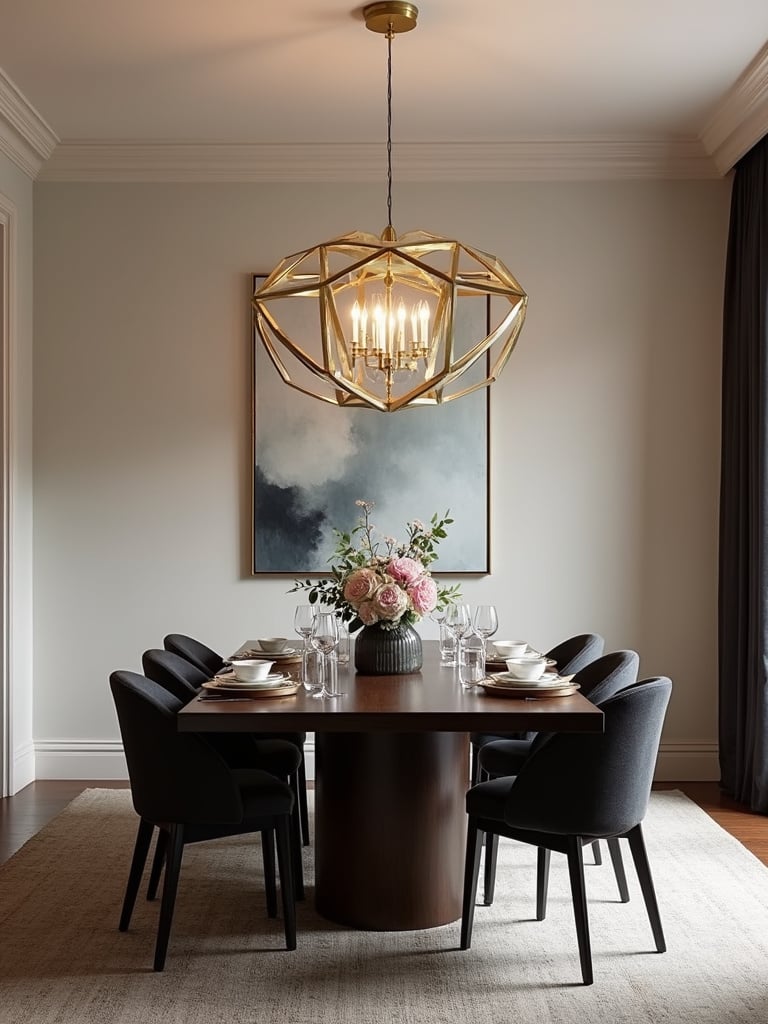 Modern dining room with a brass geometric statement chandelier illuminating a dark wood dining table.
