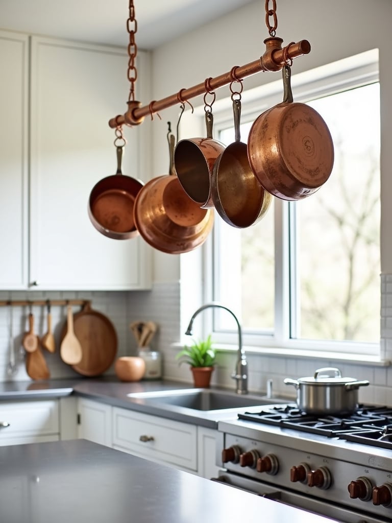 Small kitchen with hanging pot rack and utensil rail, maximizing storage space.