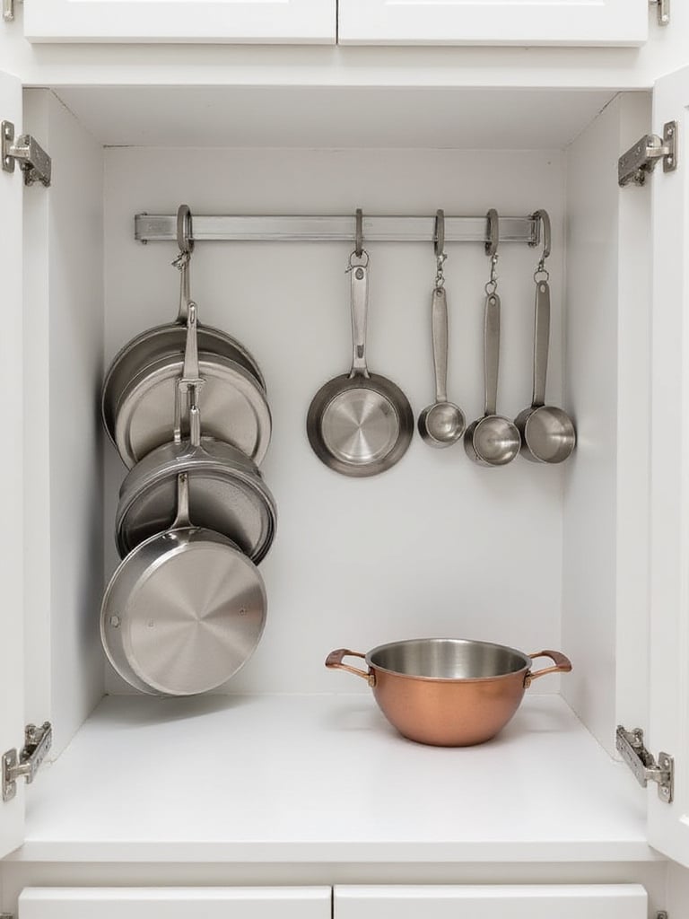 Kitchen cabinet interior with pot lids and measuring cups hanging on hooks and rails, maximizing vertical storage space.