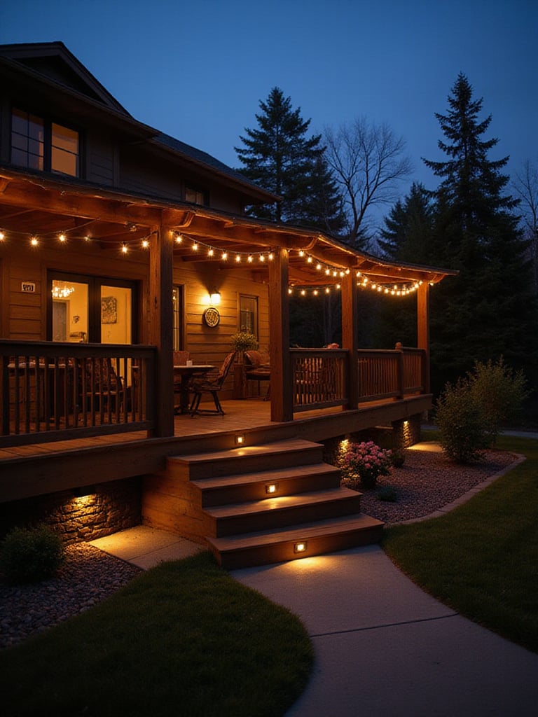 Deck illuminated with string lights, recessed lighting, and spotlights at dusk, creating a warm and inviting outdoor living space