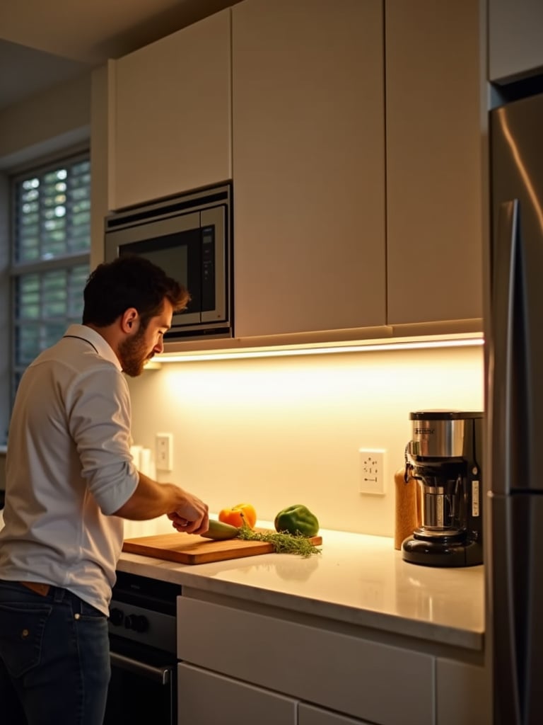 Small kitchen with bright under cabinet LED lighting illuminating the countertop.