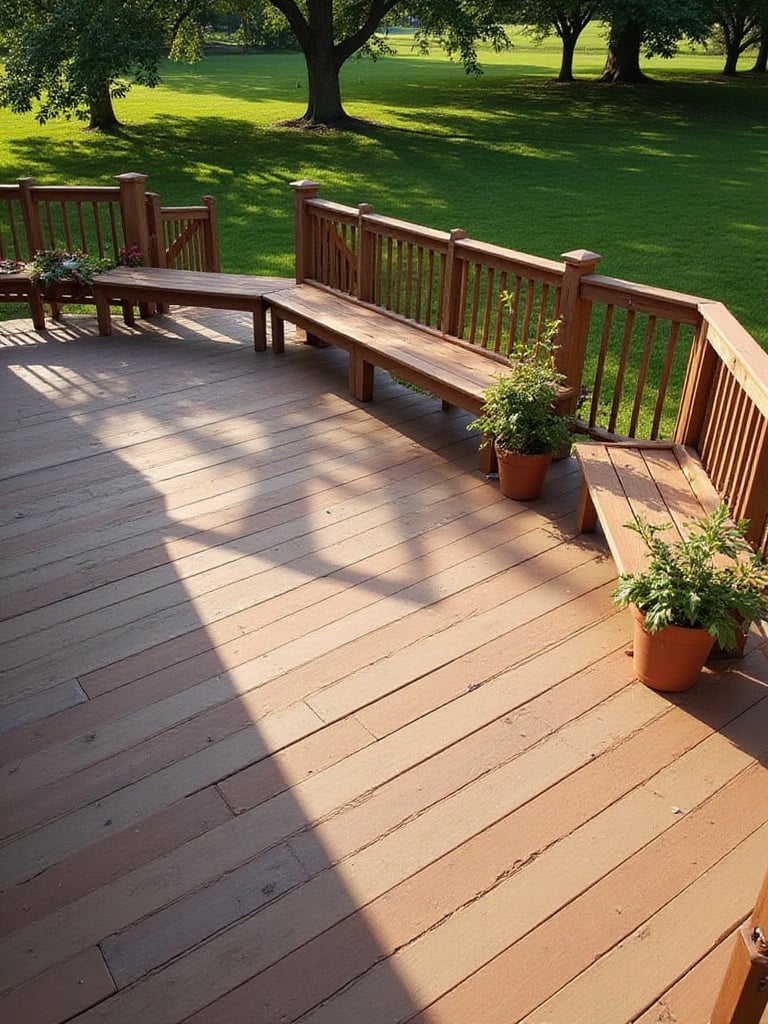 Modern composite deck with built-in benches for stylish and space-saving seating.