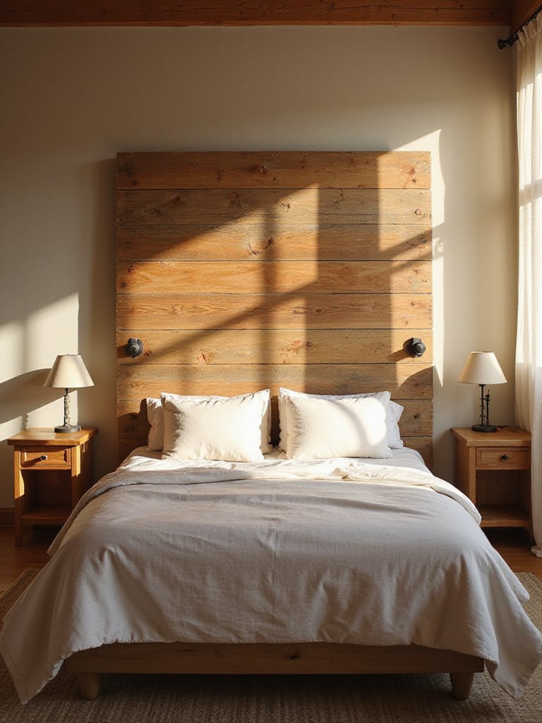 Cozy bedroom with reclaimed wood headboard and natural wood bedside tables.