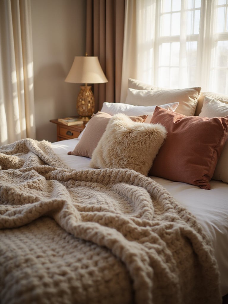 Cozy bedroom with soft throw pillows and chunky knit blanket on the bed.