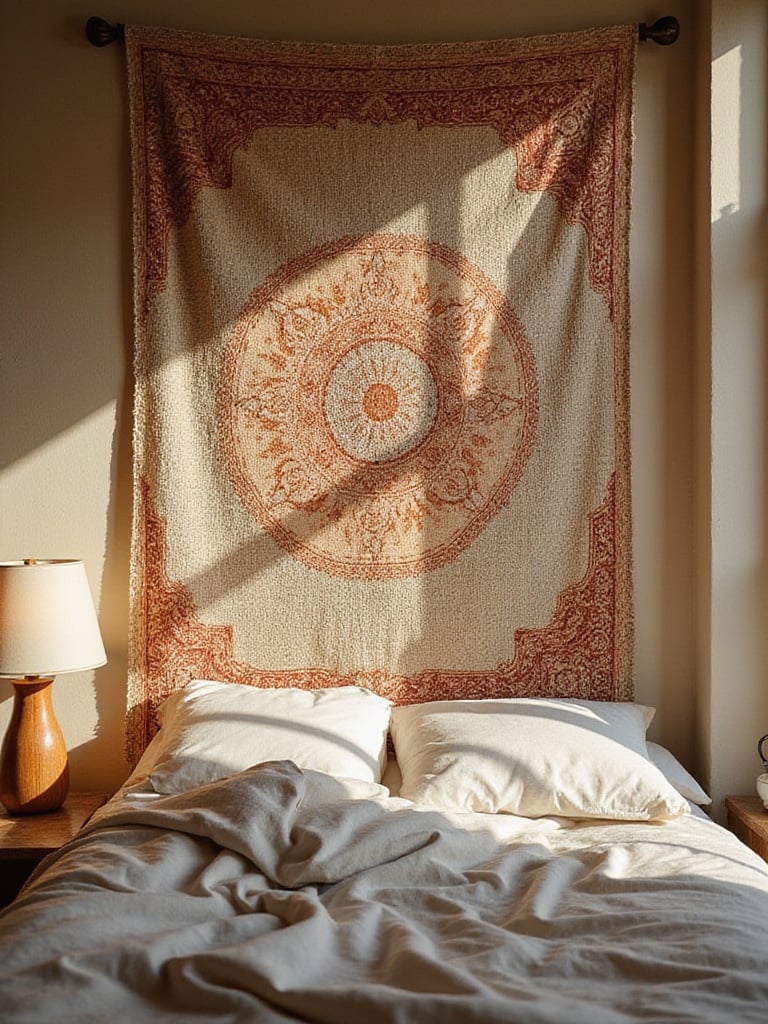 Cozy bedroom with a large tapestry hanging on the wall behind the bed.
