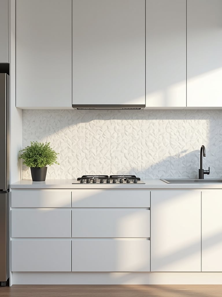 Modern kitchen with textured 3D geometric tile backsplash in light gray.