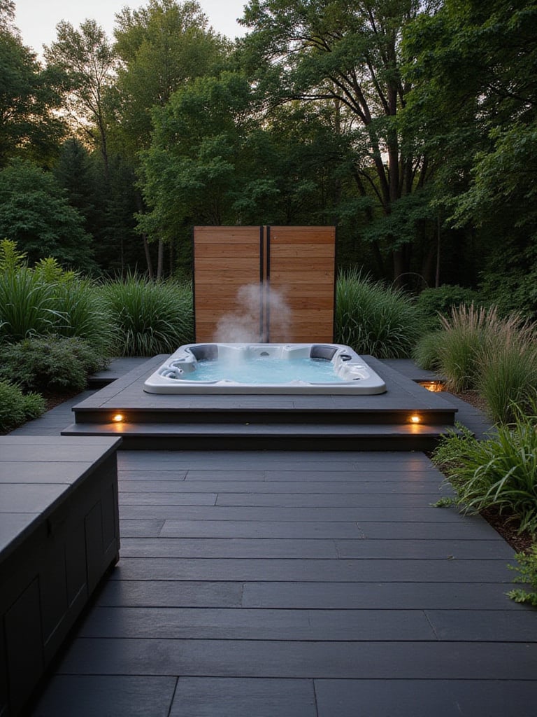 Luxurious hot tub deck oasis with composite decking and privacy screen.