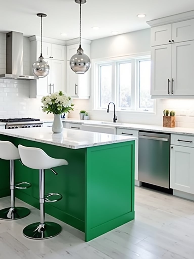 Emerald green kitchen island adding a pop of color to a contemporary white and grey kitchen.