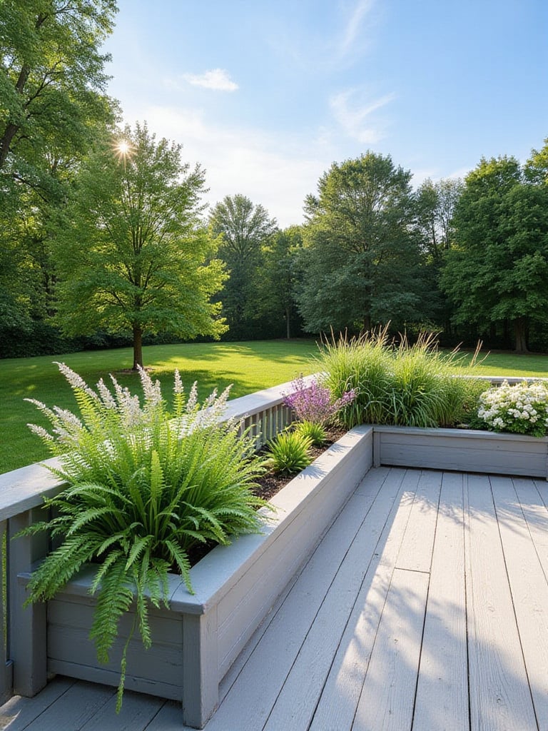 Deck with built-in planter boxes filled with lush greenery.