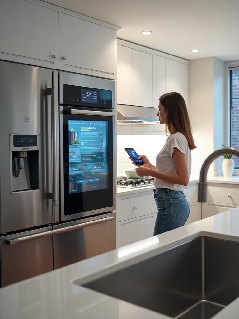 Modern contemporary kitchen featuring smart appliances and technology for convenience and efficiency