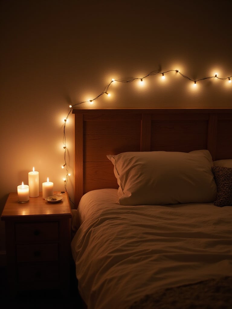 Cozy bedroom with fairy lights on headboard and candles on bedside table.