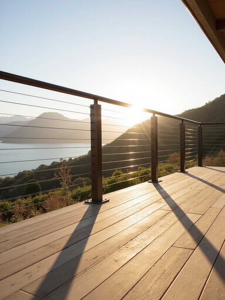 Modern deck with cable railings offering unobstructed view of mountain range