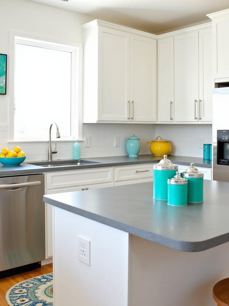 Contemporary kitchen with white cabinets and pops of teal color in accessories and décor.