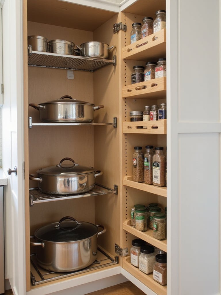 Organized kitchen cabinet with pull-out shelves and tiered spice rack, showcasing durable storage solutions.