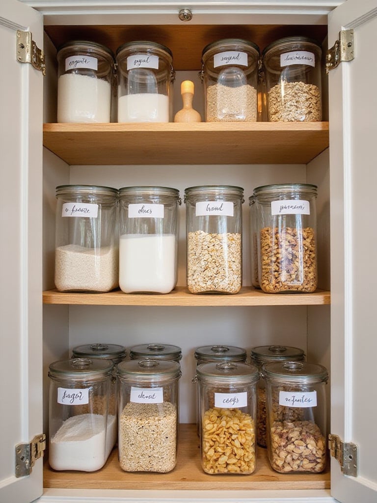 Organized pantry shelves with clear containers and white labels showing pantry staples like flour, sugar, and pasta.