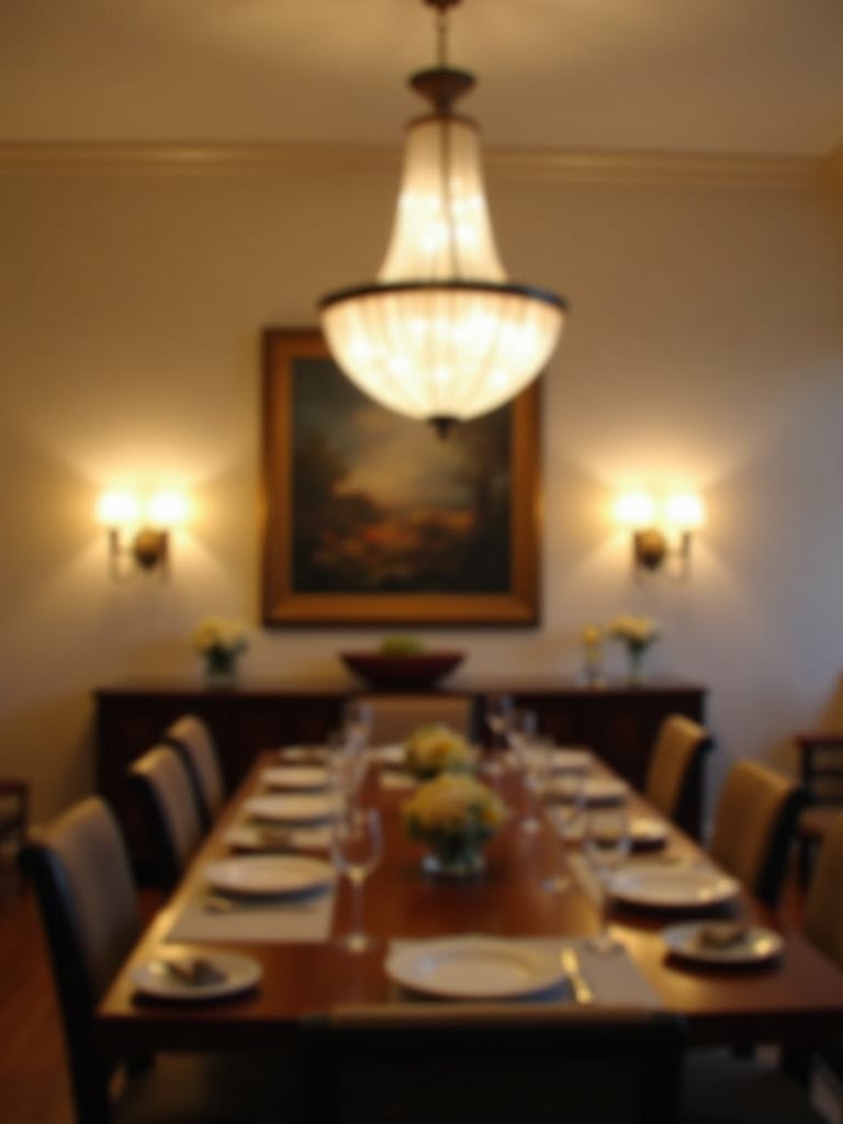 Dining room with layered lighting, chandelier, sconces, and buffet lamp creating a warm ambiance.