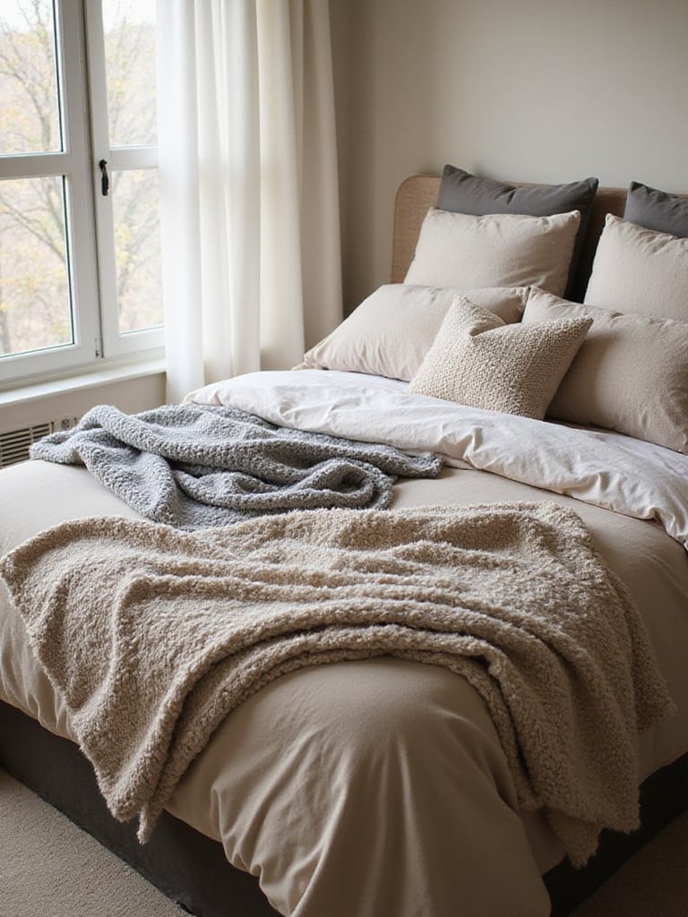 Cozy bedroom with layered plush bedding for ultimate comfort.