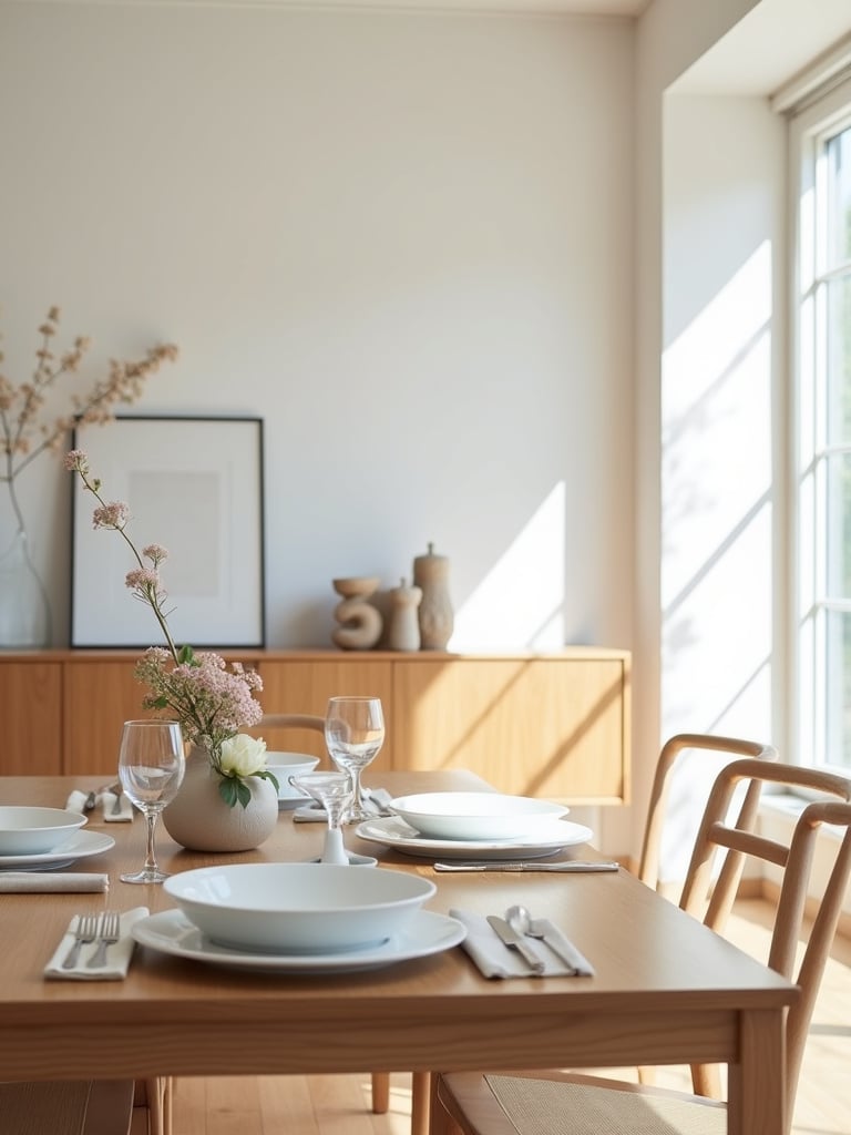 Serene and uncluttered dining room with minimalist decor.