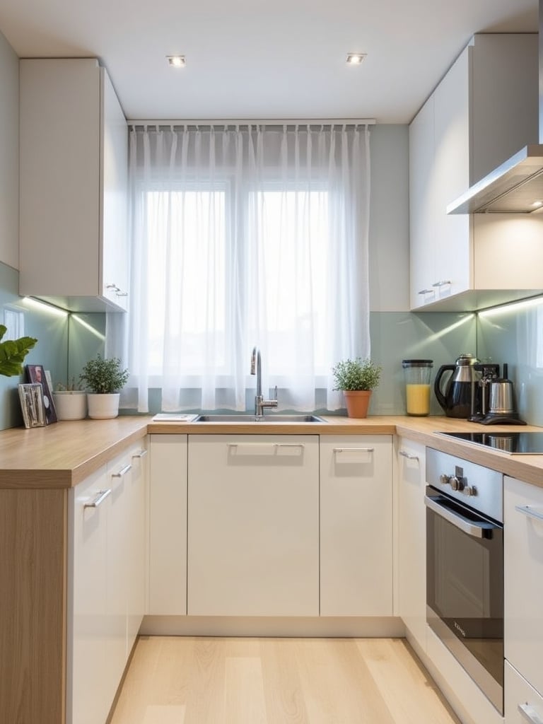Small kitchen with optimized lighting to maximize space and brightness.