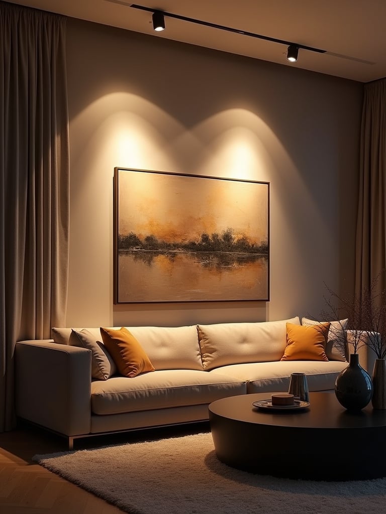 Living room with abstract art illuminated by track lighting spotlights.