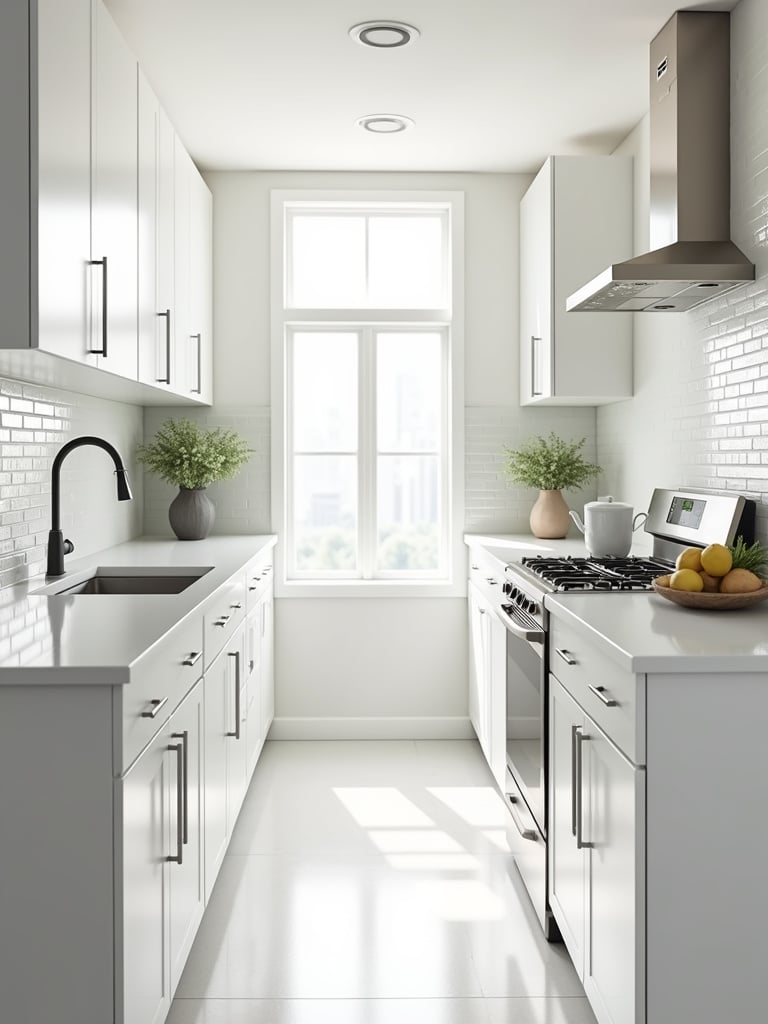Small kitchen design with white cabinets and light colors to maximize space and light.