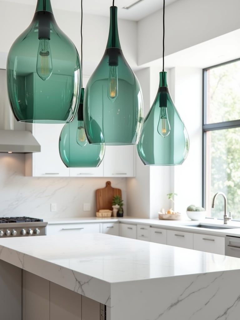 Contemporary kitchen with white island and bold green glass pendant lights.