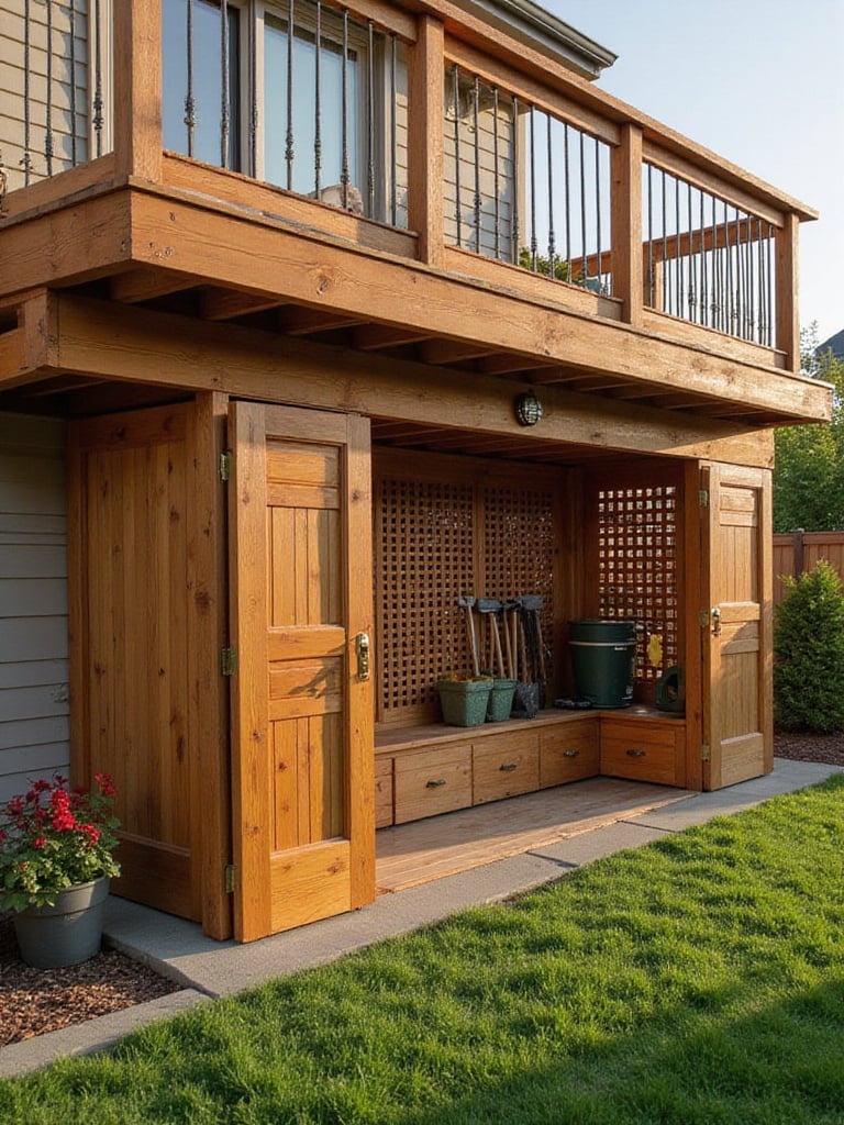 Under deck storage solutions with wooden door and lattice panels.