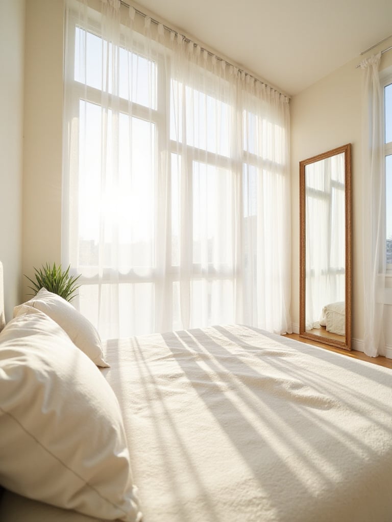Bedroom interior filled with natural sunlight through sheer curtains and reflected by a large mirror.
