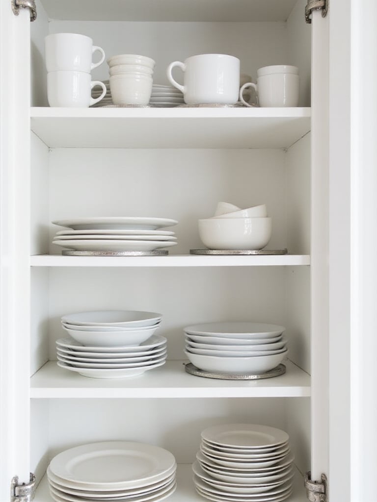 Kitchen cabinet interior showcasing metal shelf risers maximizing vertical storage space for dishes and mugs.