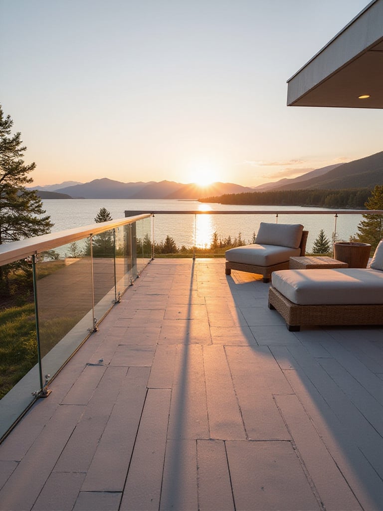 Modern deck with frameless glass railings overlooking a lake at sunset