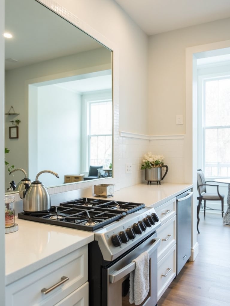 Small kitchen design with mirrored backsplash creating the illusion of more space