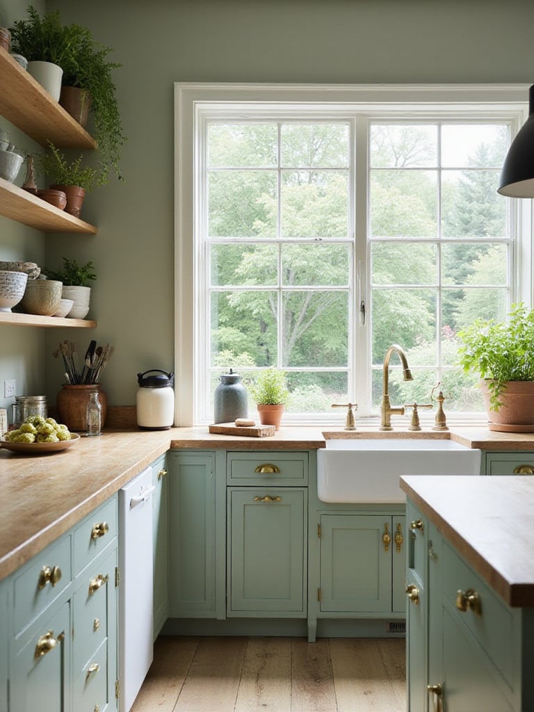 Sage green kitchen with natural wood countertops and brass hardware.