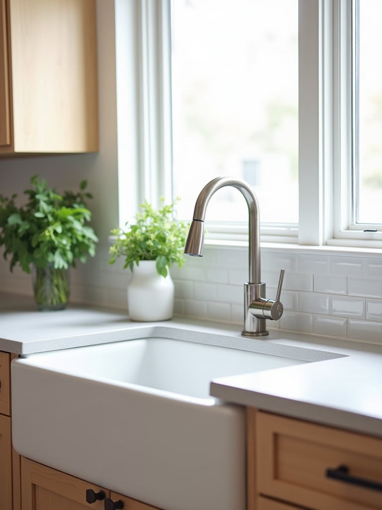 Modern farmhouse kitchen with a white fireclay sink and light grey quartz countertops