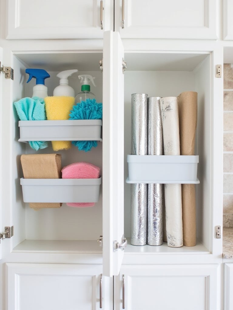Over-cabinet door organizers holding cleaning supplies and kitchen wraps inside a kitchen cabinet.