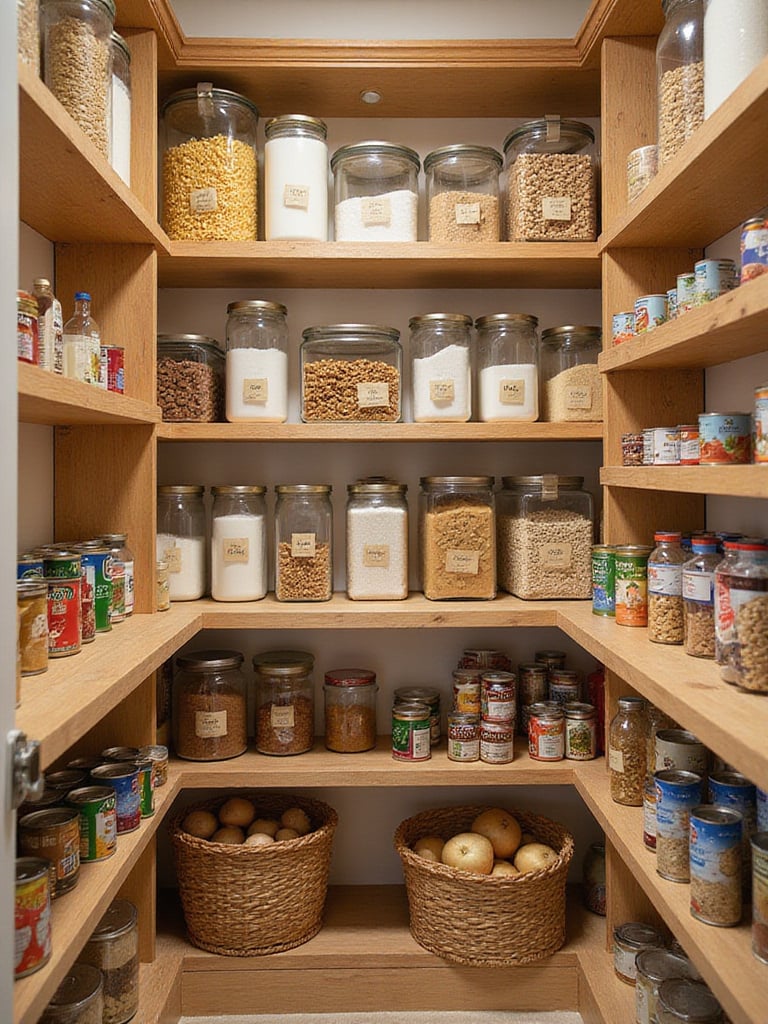 Well-organized pantry with clear containers and labeled shelves, minimizing food waste.