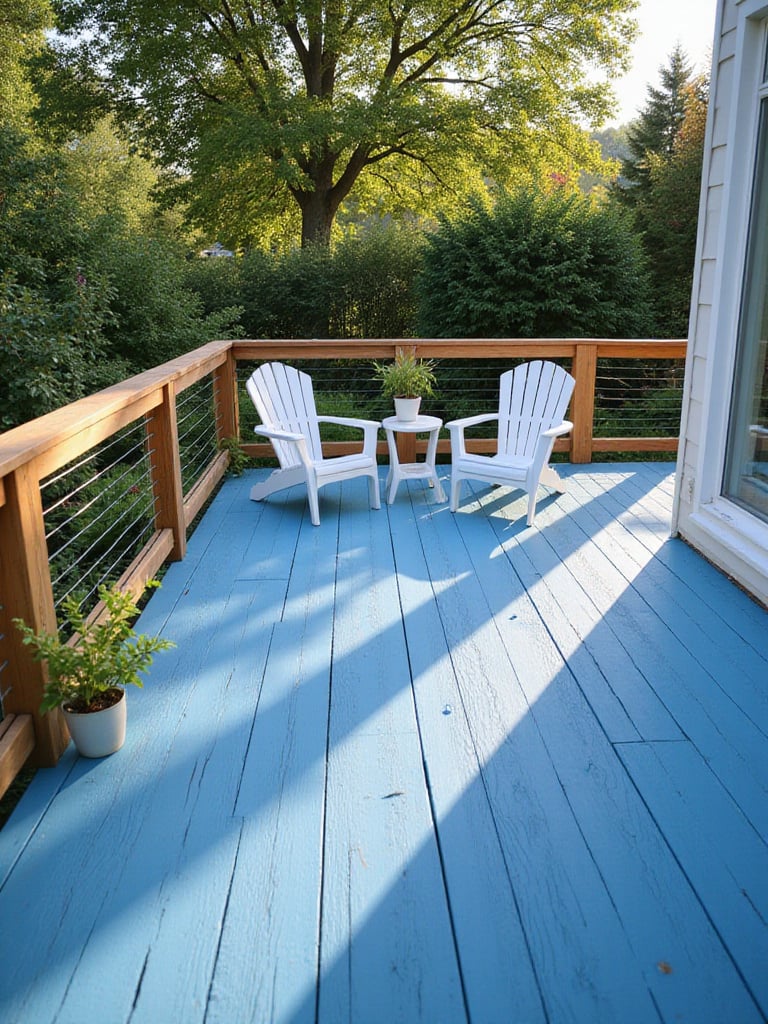 Modern deck with boldly painted blue boards and natural wood railing