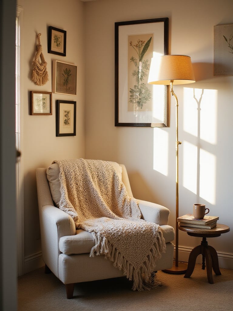 Cozy bedroom corner with gallery wall featuring art and personal photos.