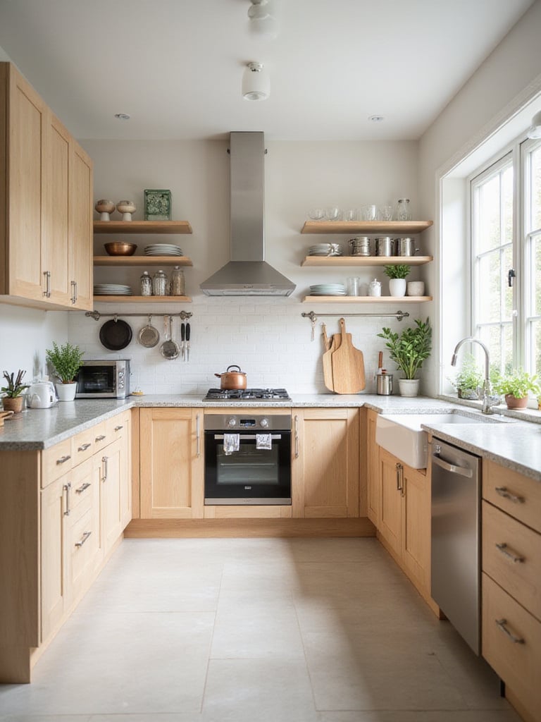 Organized kitchen cabinets with dedicated zones for prepping, cooking, and cleaning.