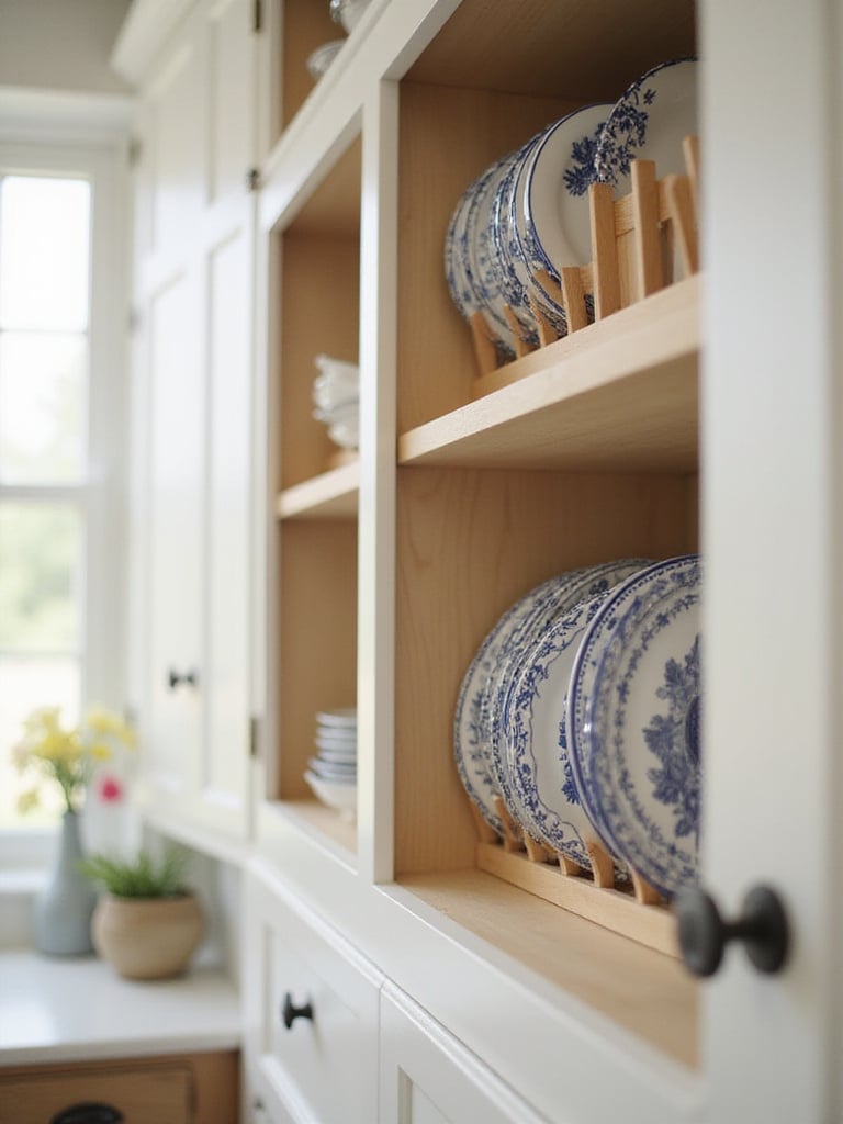 Organized kitchen cabinet with wooden plate rack holding stacked plates.